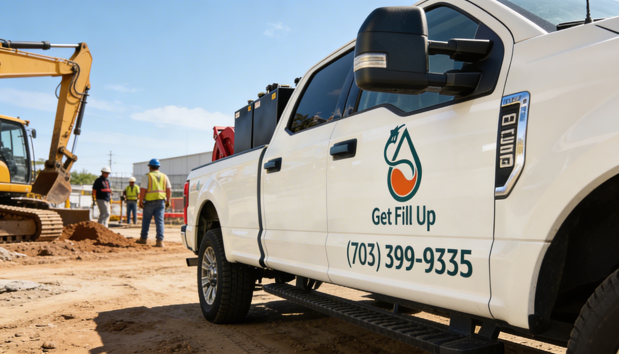 Get Fill Up truck at an active construction site with excavators