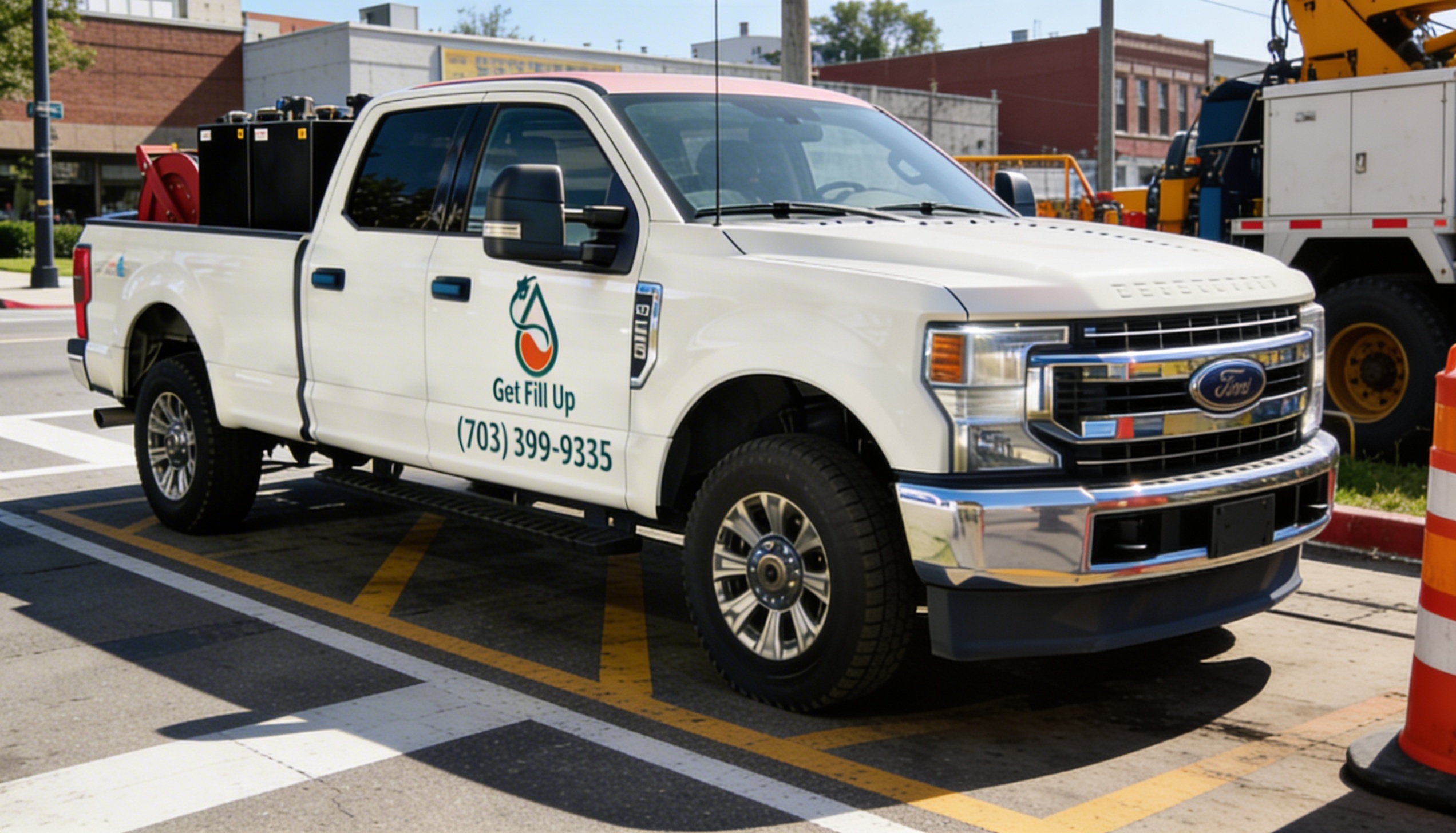Get Fill Up fuel delivery driver at a job site at sunset